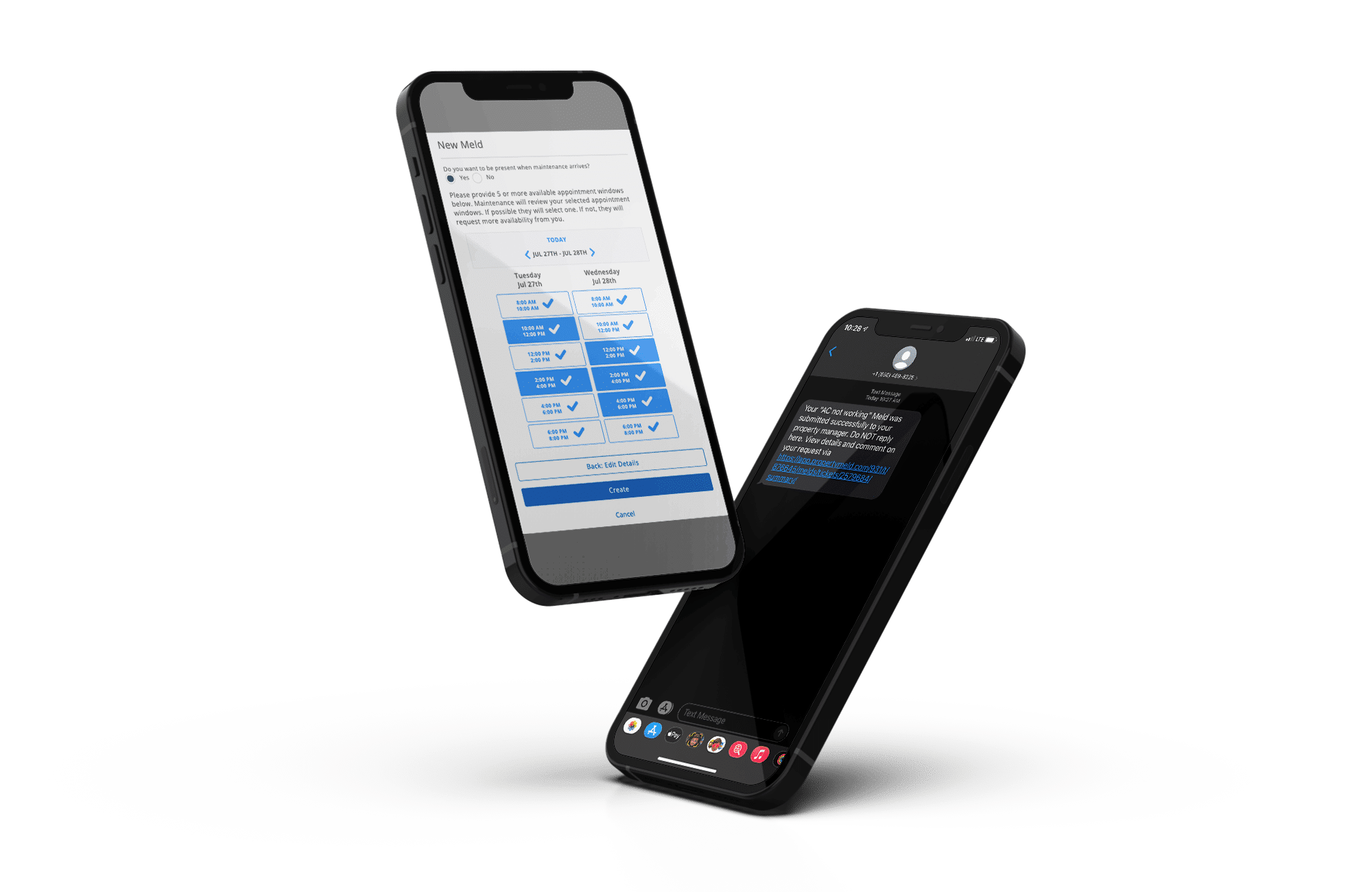 Two phones using Property Meld for scheduling property maintenance.